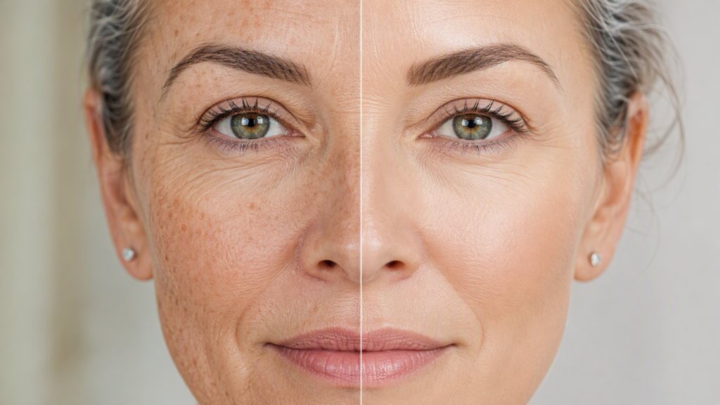 Close-up split portrait: mature womans face, left side showing age spots and fine lines, right side luminous and even-toned.